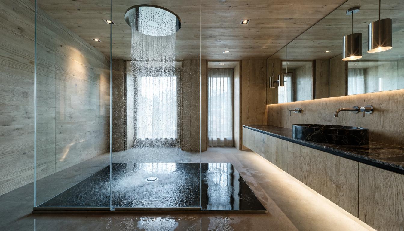 Prysznic walk-in z odpływem na drewnianym stropie