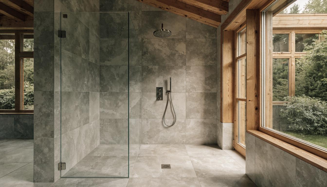 Prysznic walk-in z odpływem na drewnianym stropie